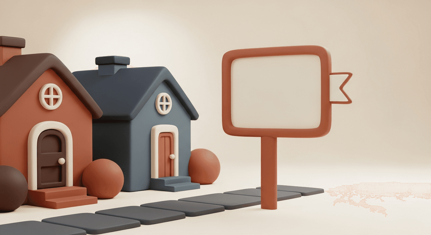 Clay houses behind a wooden SOLD sign on a lawn