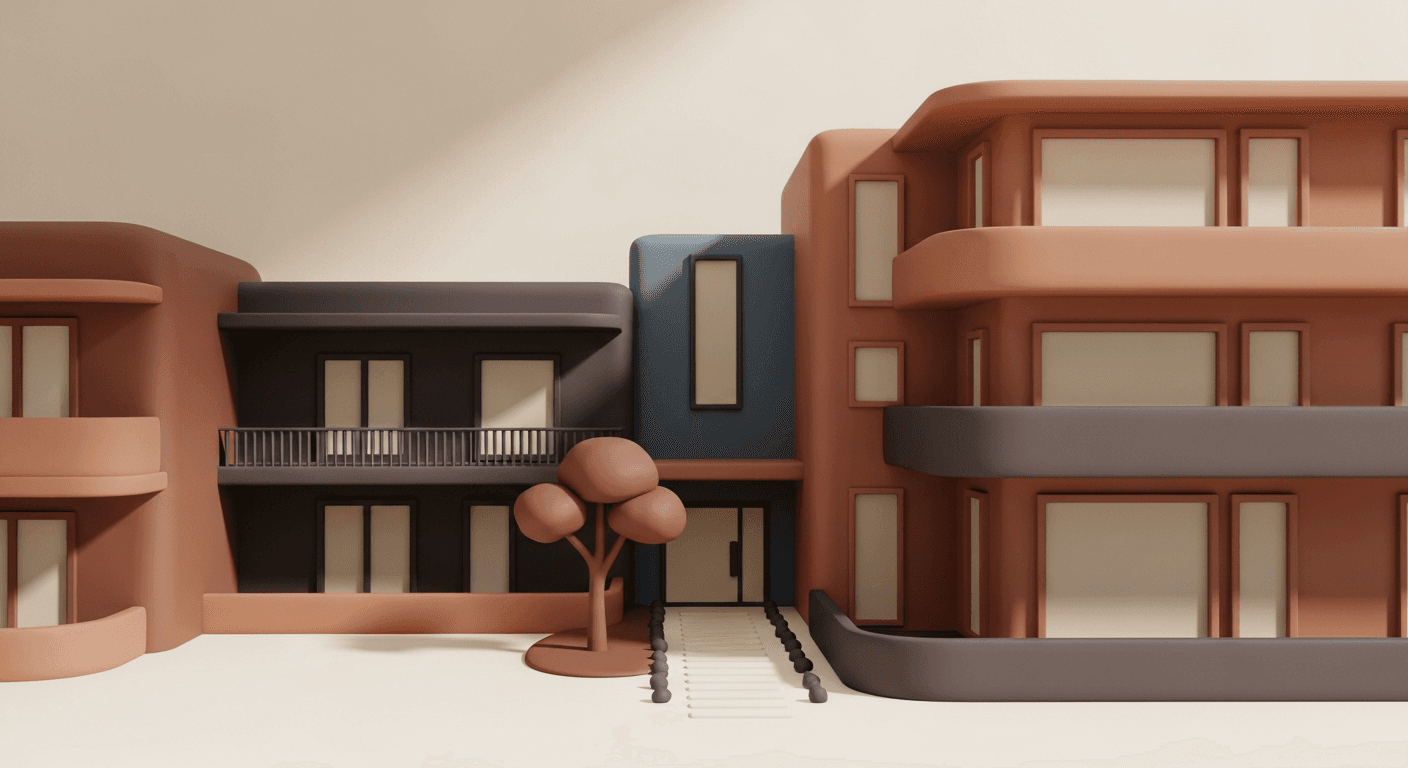 Clay mid-rise apartment buildings with balconies and a small tree