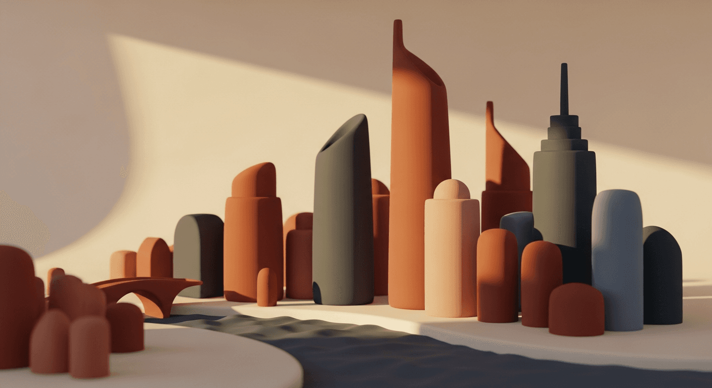 Clay Edmonton skyline in warm terracotta and slate tones at golden hour