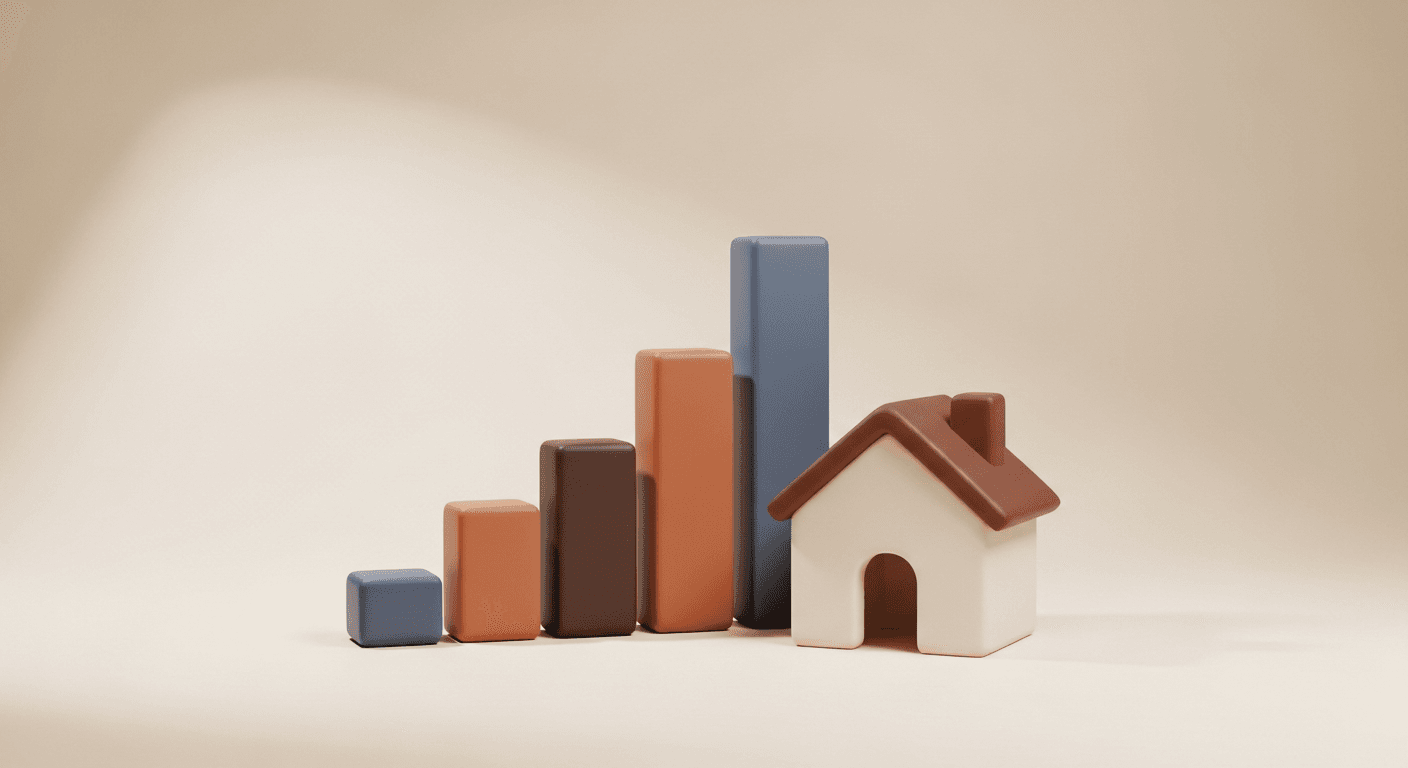 Clay market chart with a small terracotta house beside rising bars