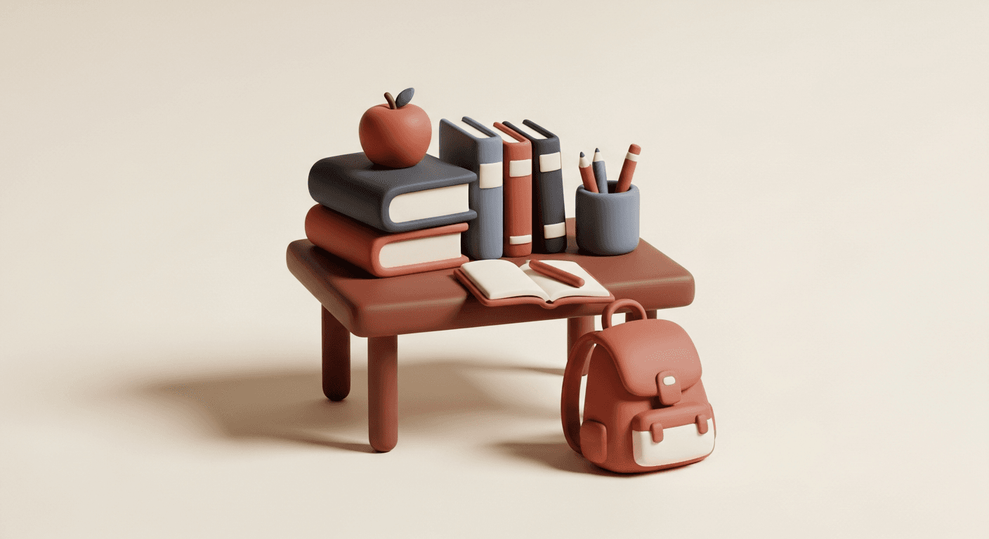 Clay desk with books, a backpack, and an apple for back to school