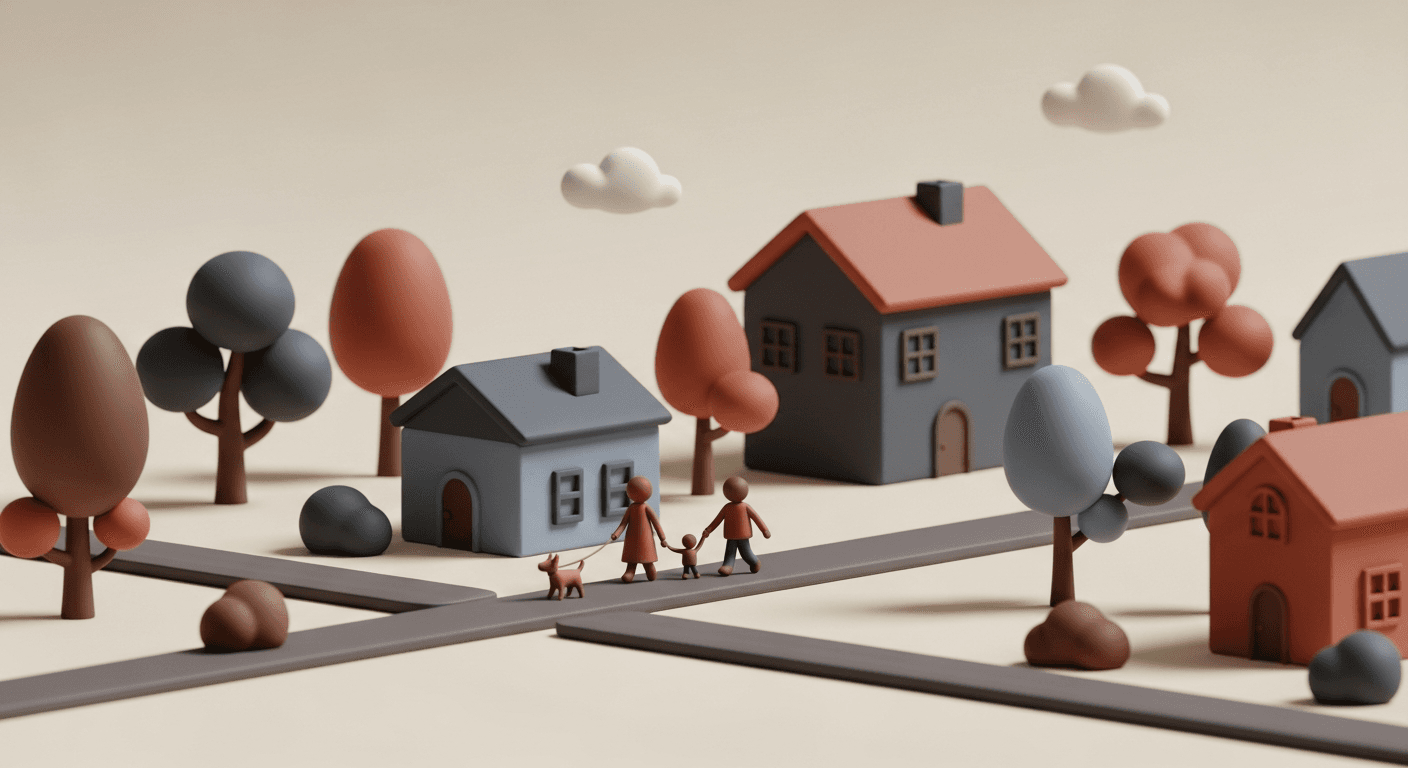 Clay suburban street scene with a family walking past homes