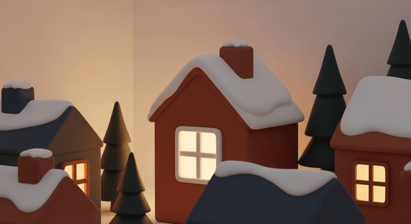 Snowy clay houses with warm glowing windows