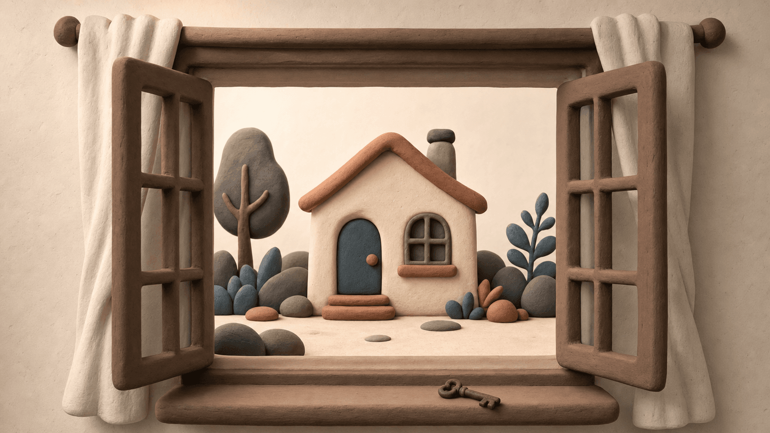 Clay house seen through an open window with a key on the sill