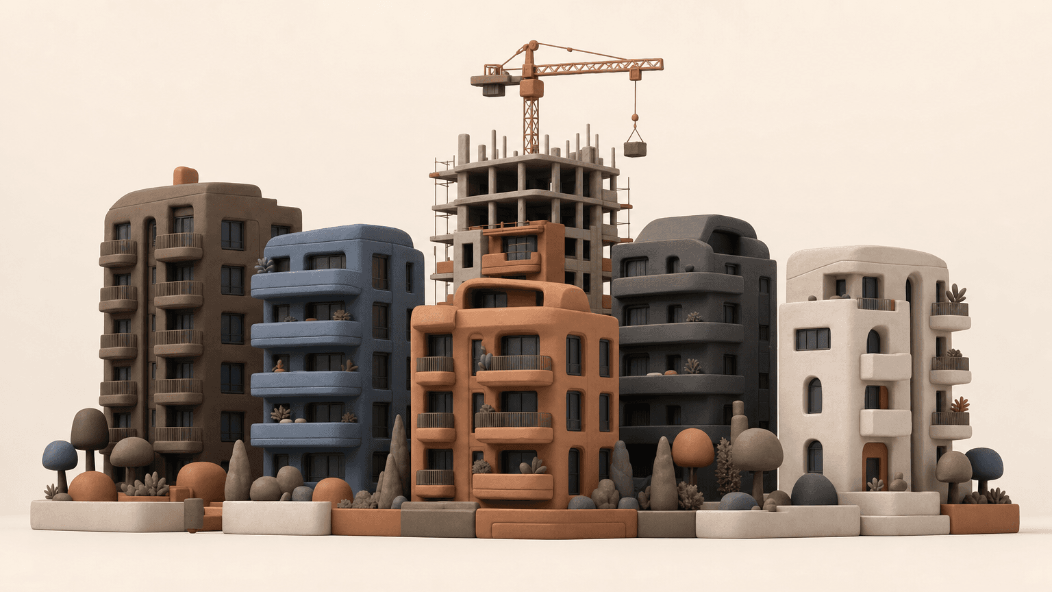 Clay condo towers with a construction crane over an unfinished building