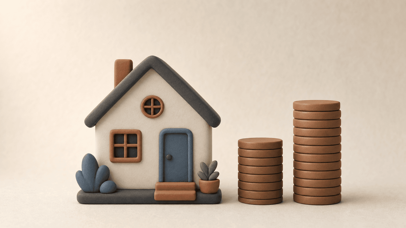 Clay model house beside two stacked coins of different heights