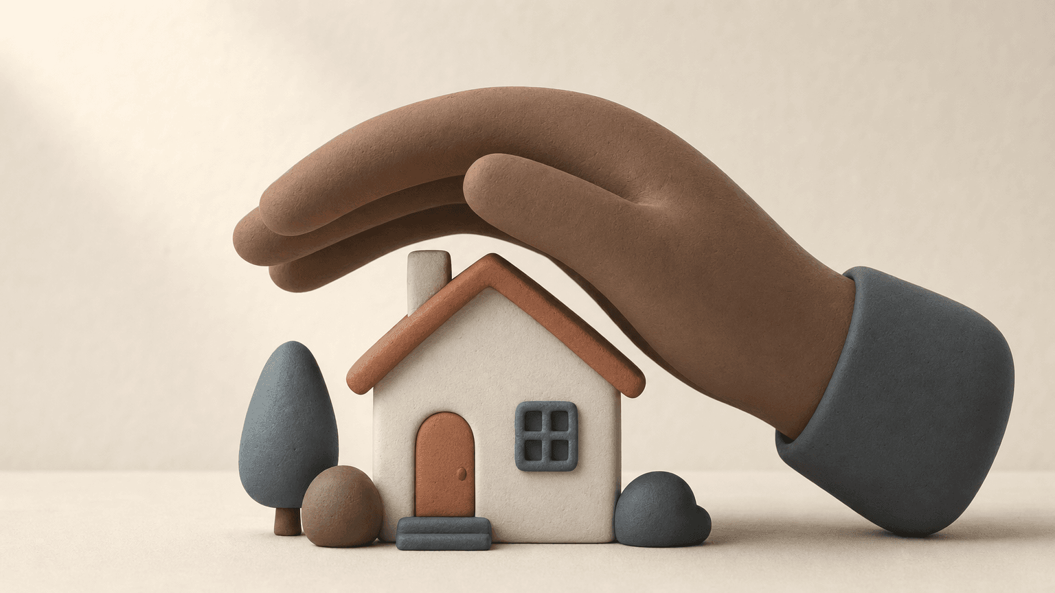 Clay house model with a protective hand sheltering it