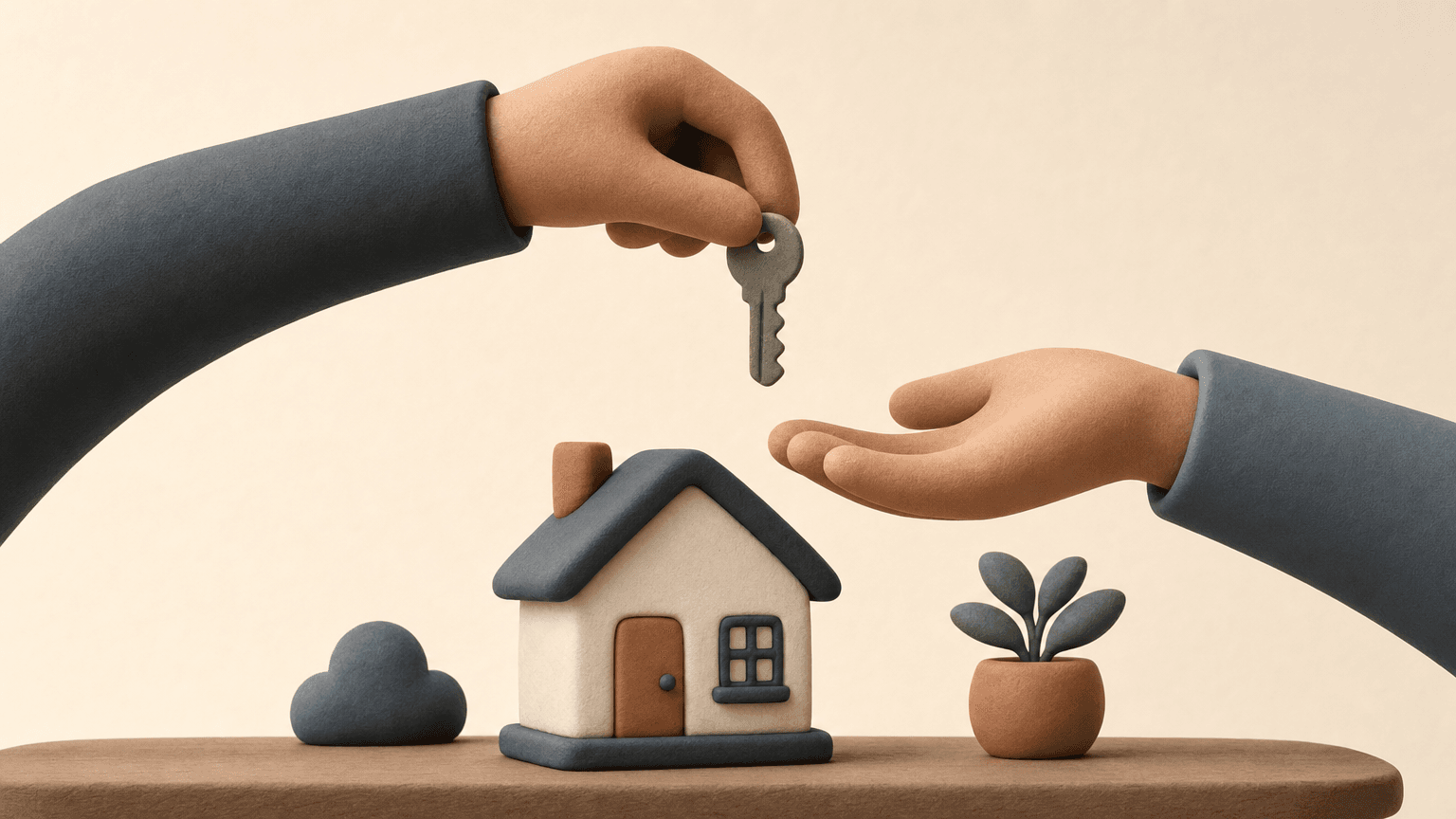 Clay figure handing over house keys with a calm expression