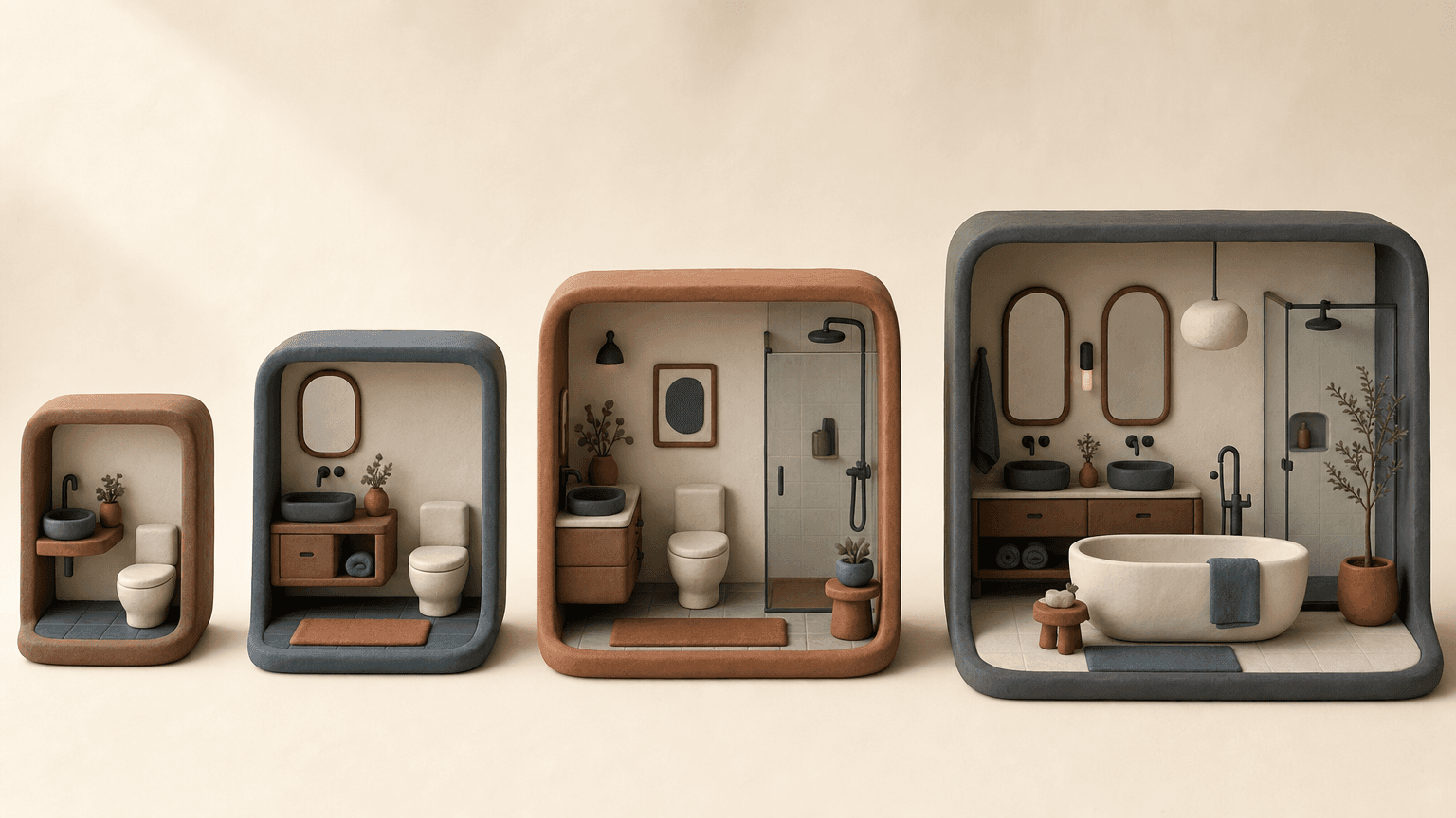 Four clay bathrooms from powder room to five-piece ensuite