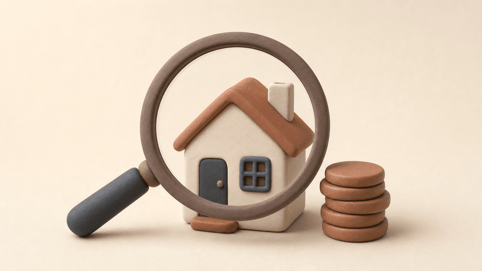 Magnifying glass over a small house and a stack of coins