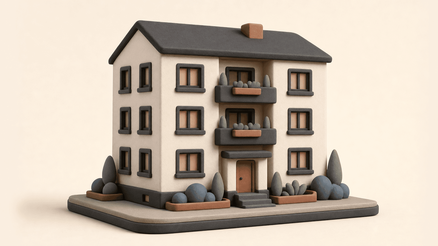 Clay model of an Edmonton fourplex rental building