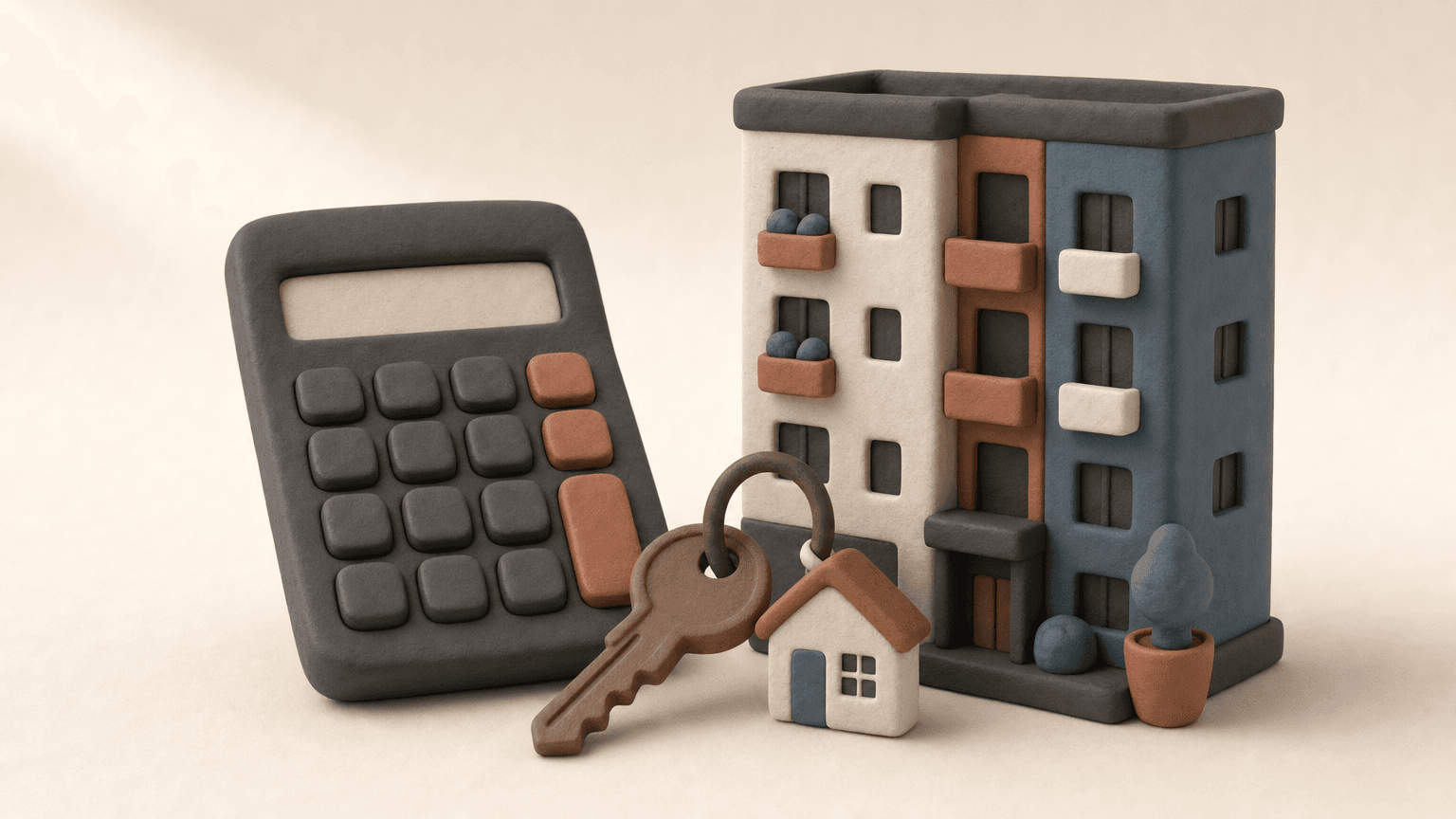 Clay scene of a calculator, a house key, and a small condo building