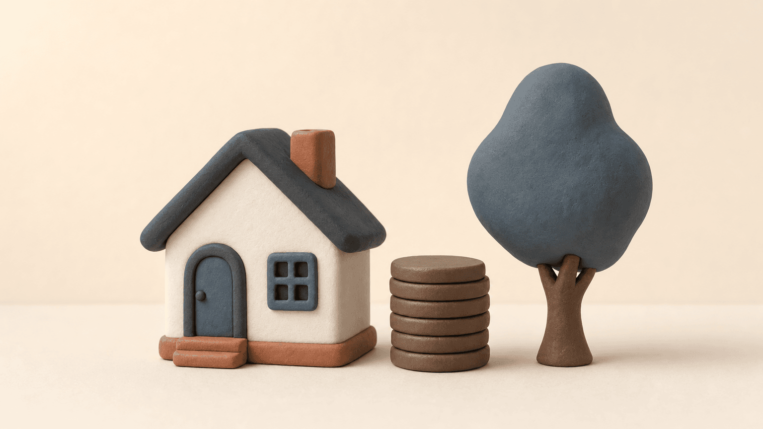 Clay house model beside a small stack of coins
