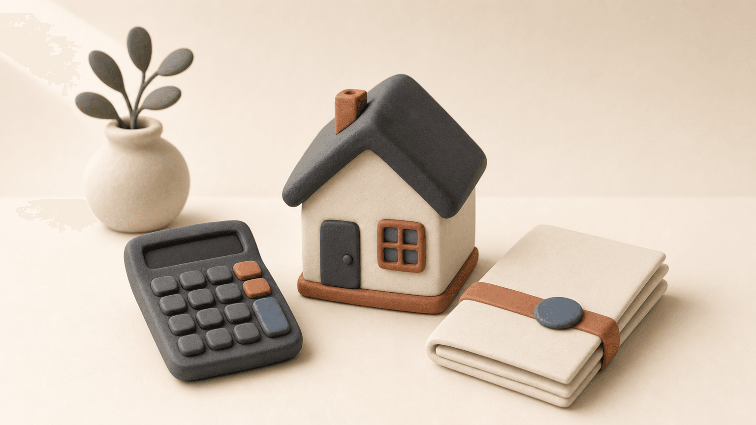 Clay calculator and small house on a desk