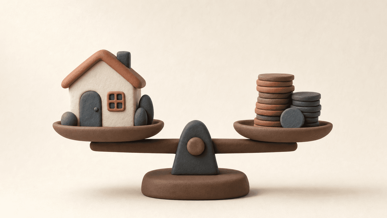 Clay model of a house balanced on a weighing scale