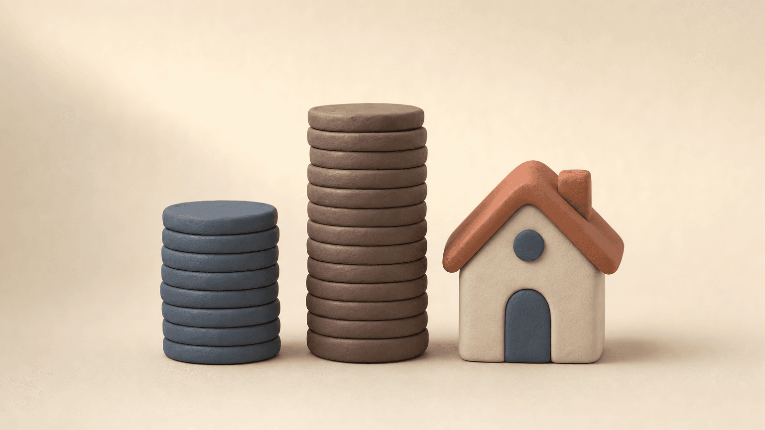 Clay figures comparing two stacks of coins of different heights