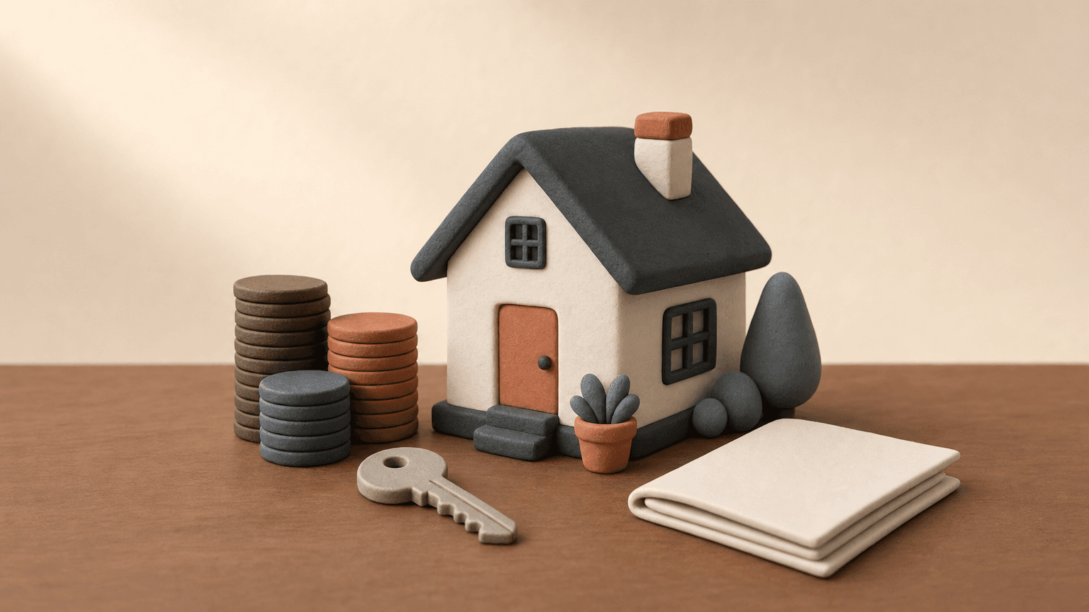 Clay model house with stacked coins and a key on a desk