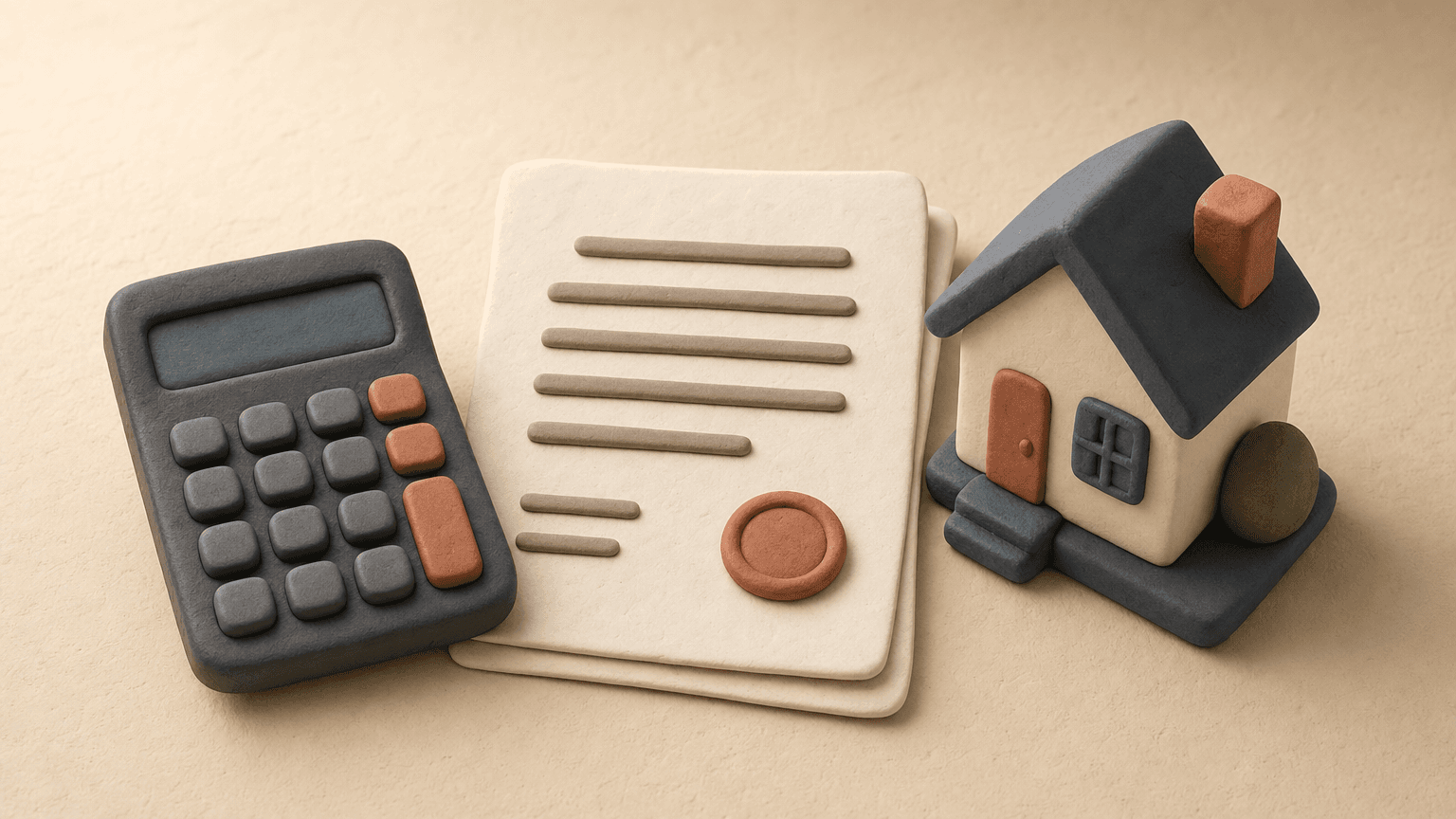 Clay calculator, contract, and tiny house on a warm desk