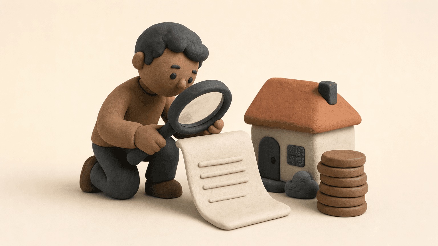 Clay figure checking a cash offer contract with a magnifying glass