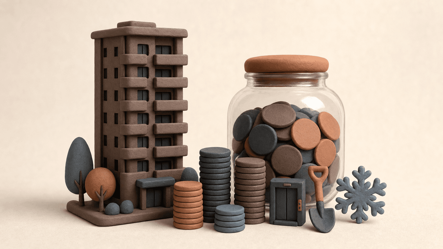 Condo tower beside a jar and stacks of coins
