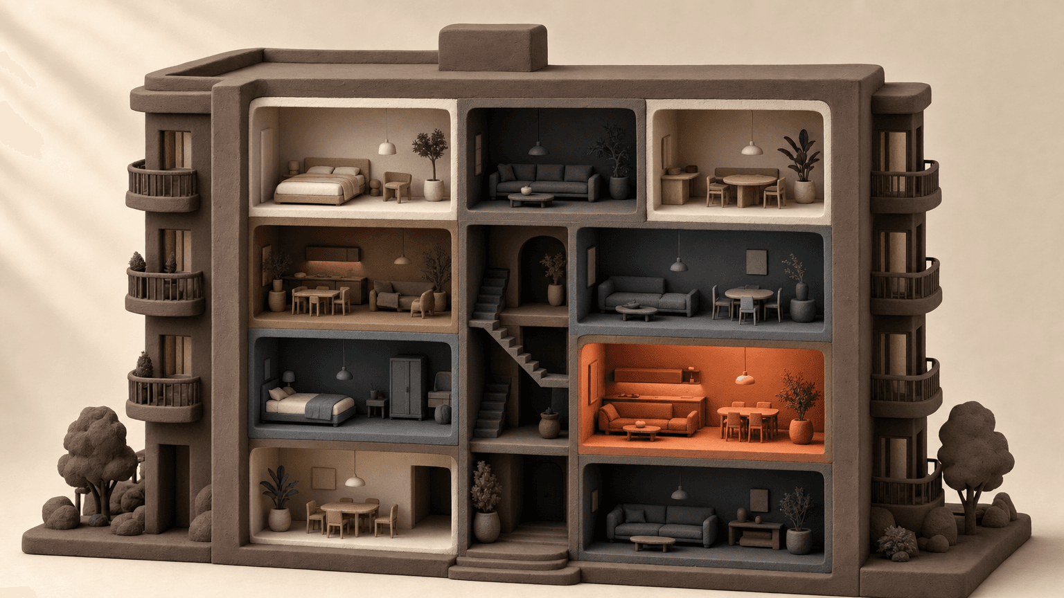 Cutaway illustration of a condominium building showing individually owned units and shared common property