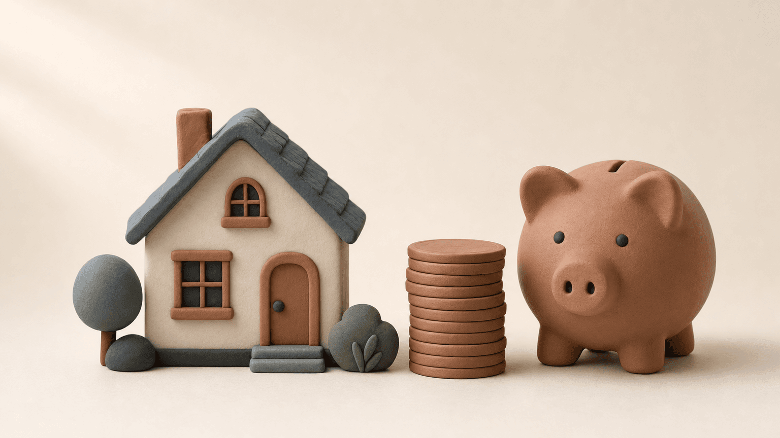 Clay house model beside stacked coins for down payment