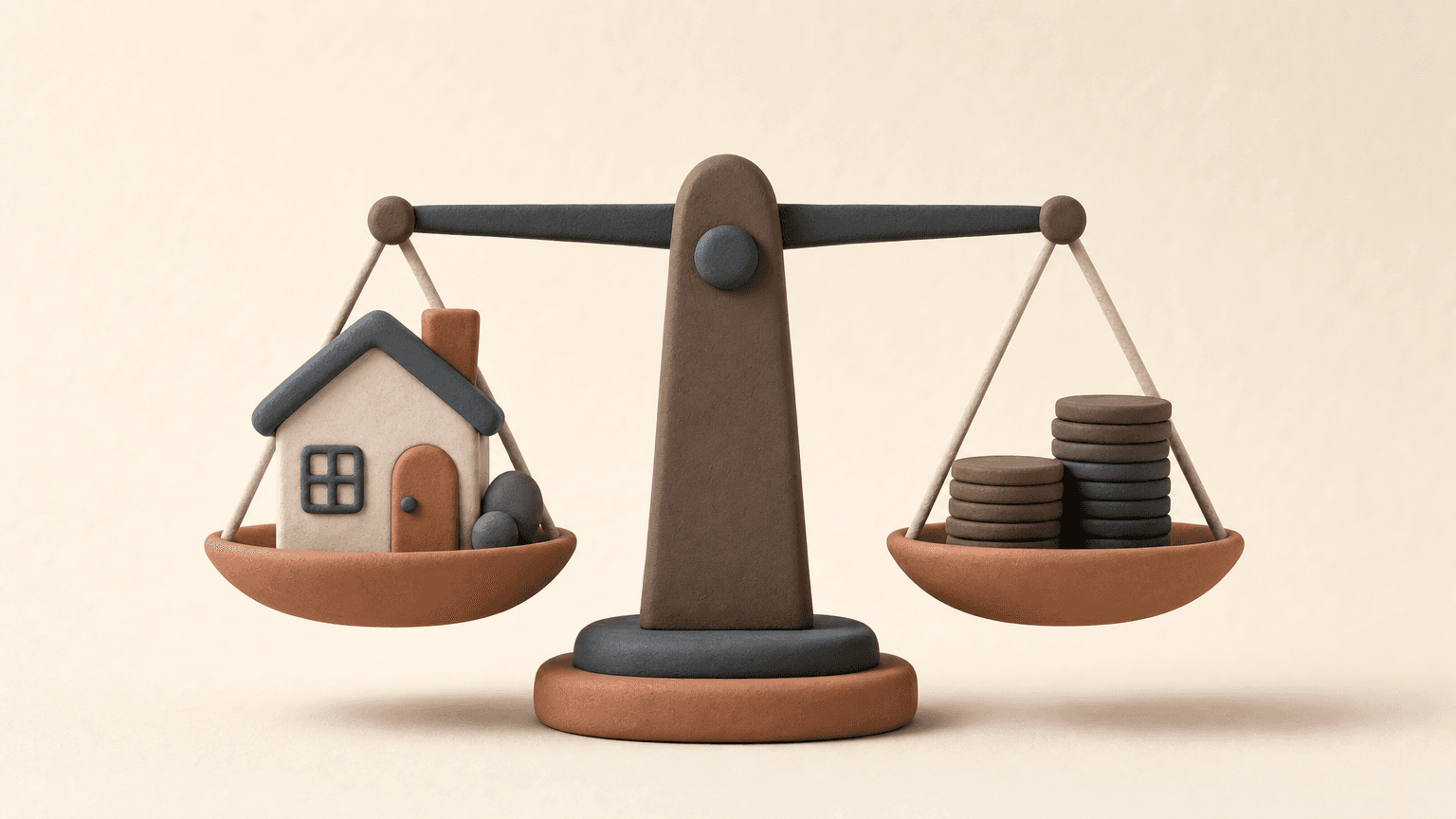 Clay scale weighing a small house against a stack of coins