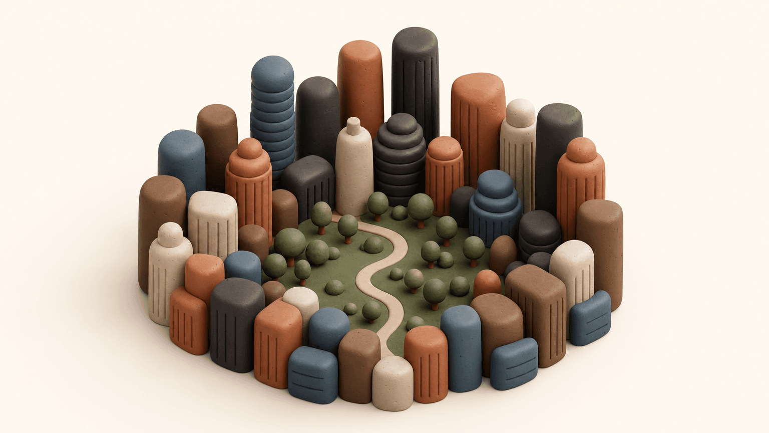 Clay downtown towers encircling a new green park