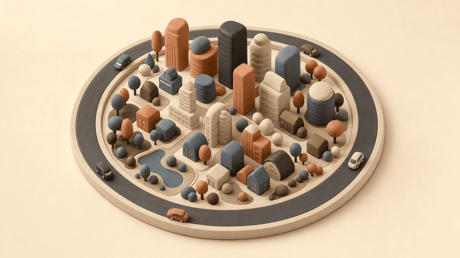 Stylized ring road circling a small city model
