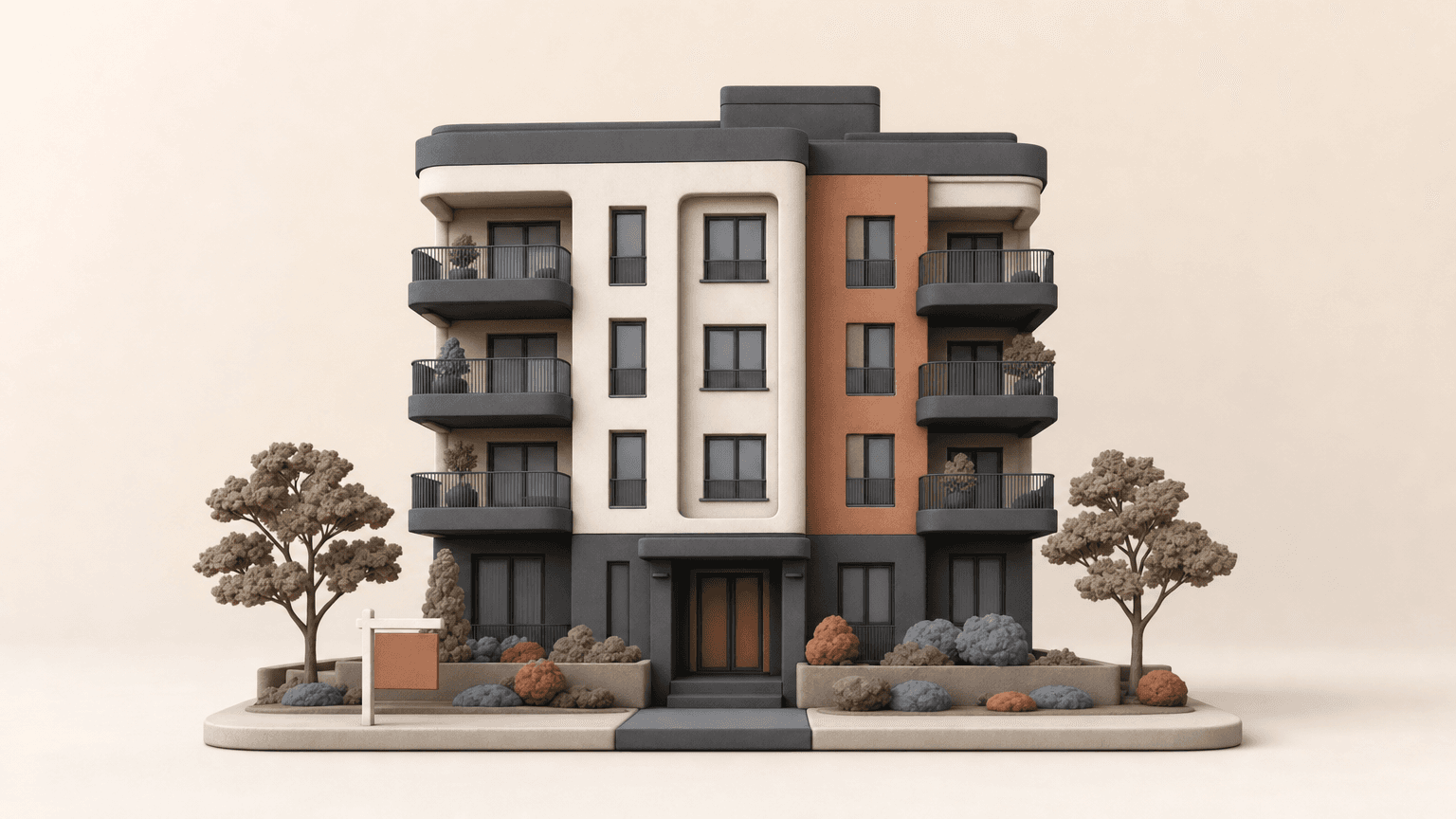 Clay-style Edmonton condo tower with for-sale sign