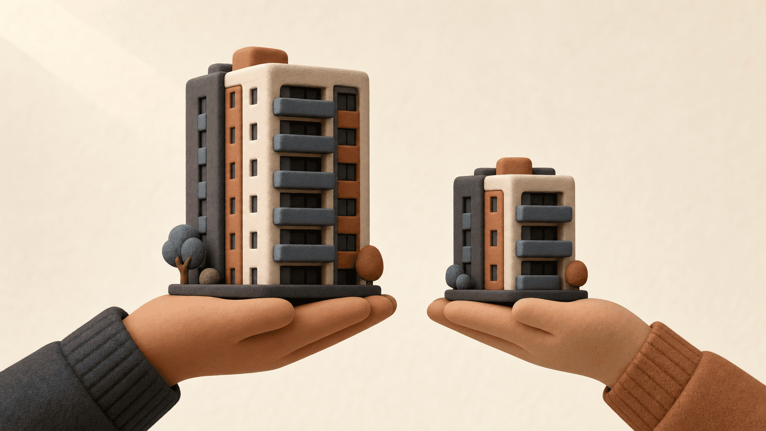 Clay-style hands comparing two small condo models