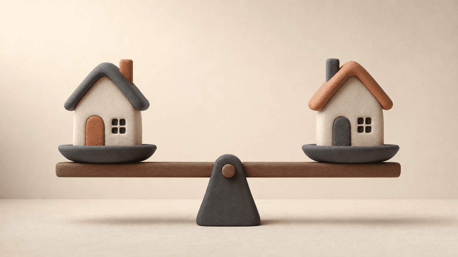 Clay houses balanced on a level scale