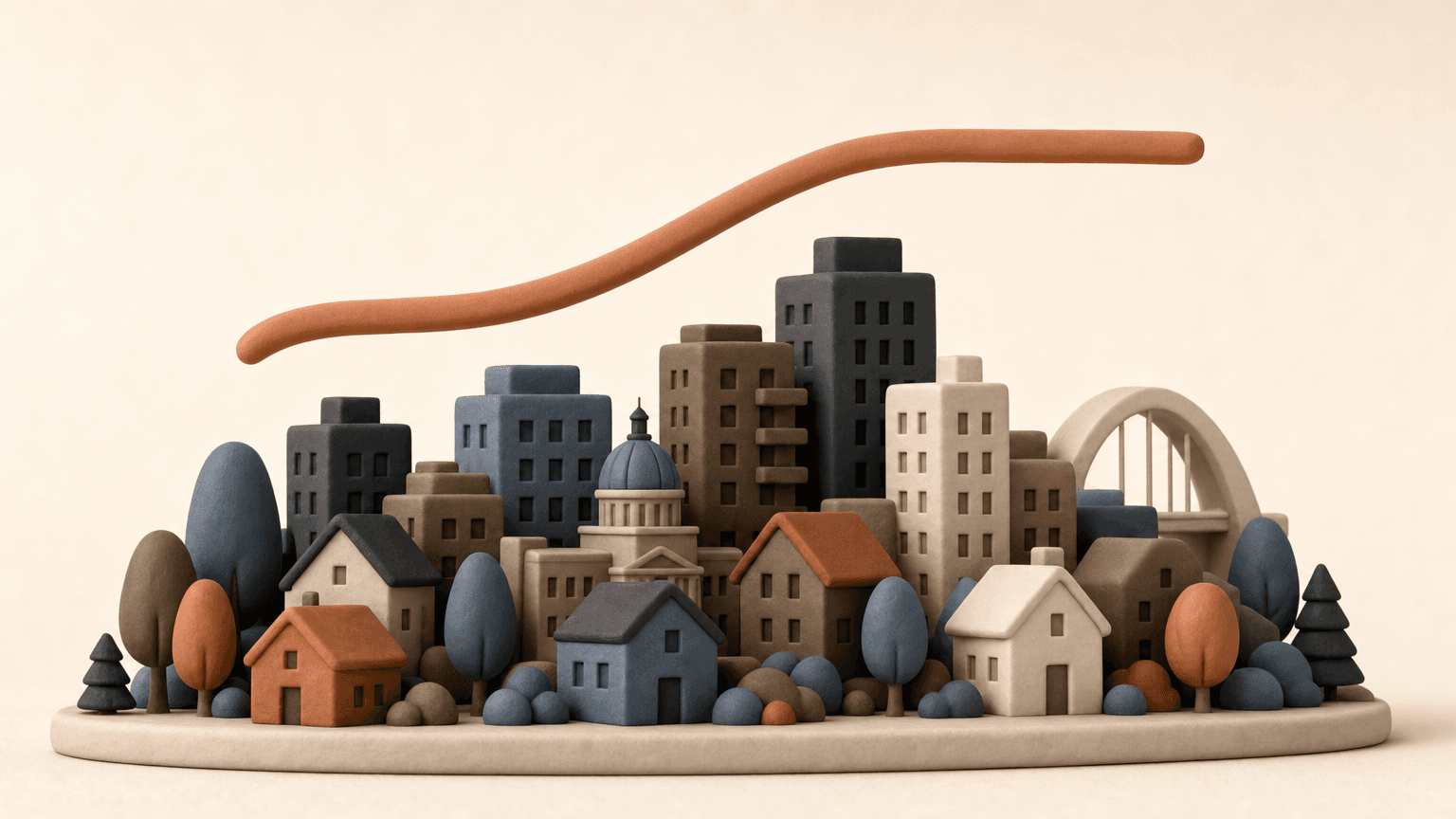 Clay-style Edmonton skyline with houses and a market trend arrow
