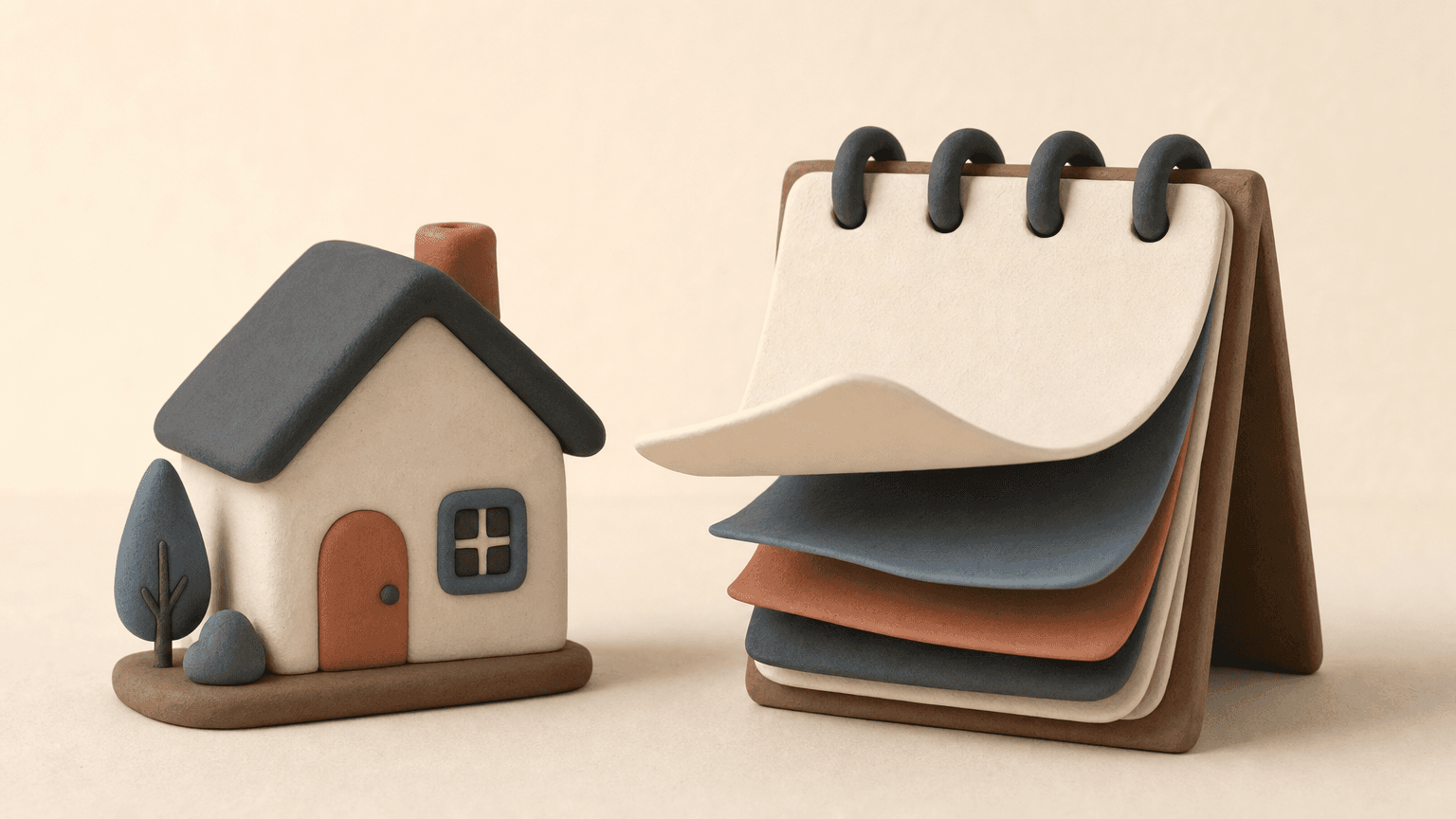 Clay-style calendar and a small house showing days passing