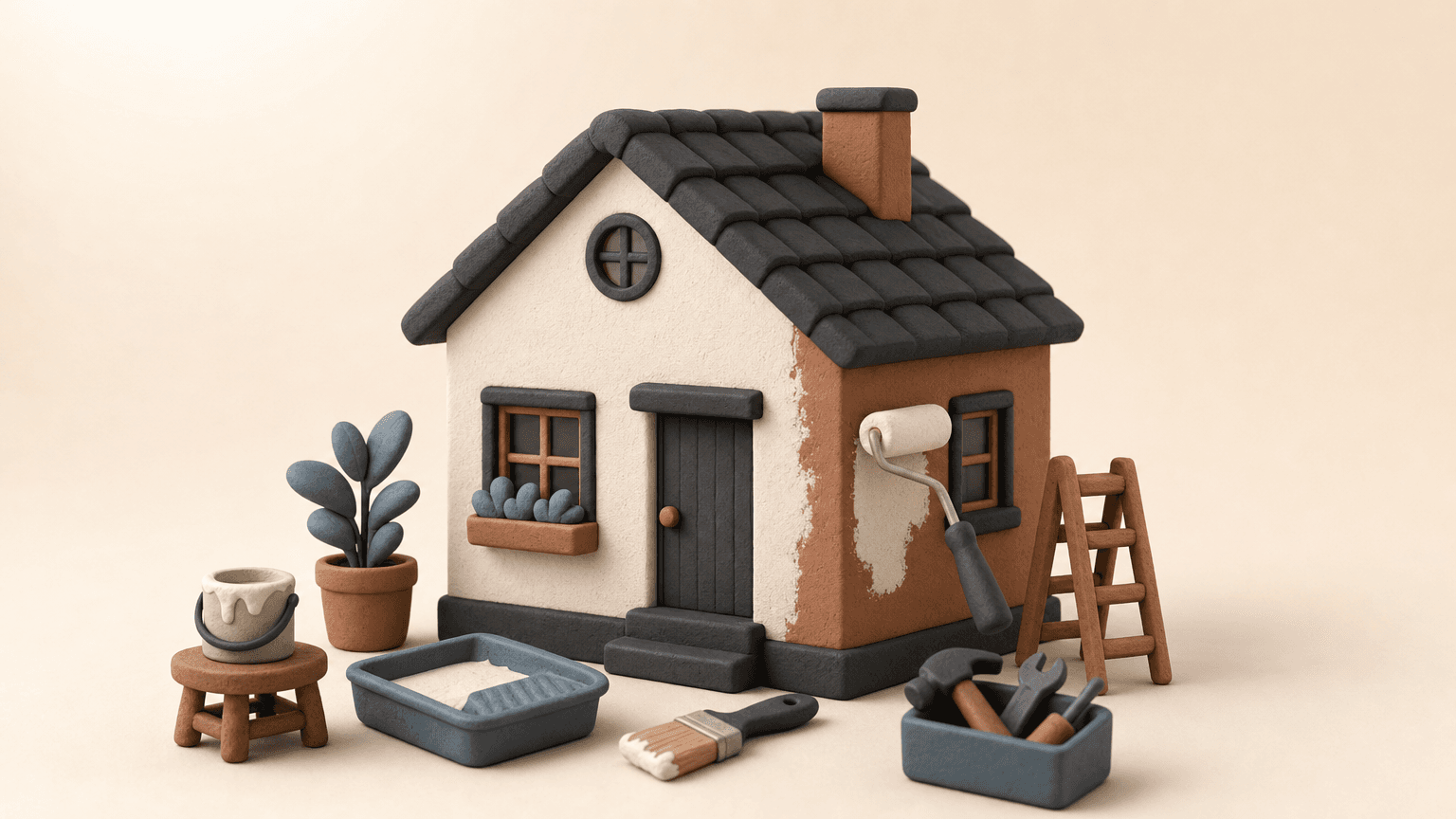 Clay house with tools and a paint roller updating one wall