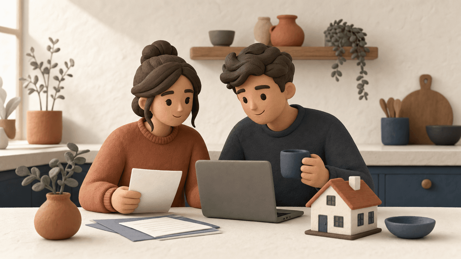 Young couple reviewing first home savings plan at a kitchen table