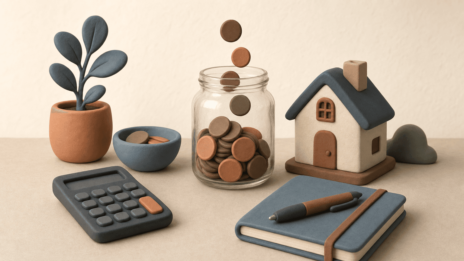 Calculator and savings jar on a desk with model house