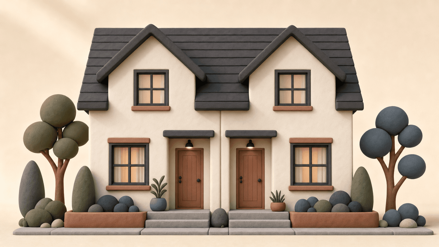 Clay duplex with two front doors side by side