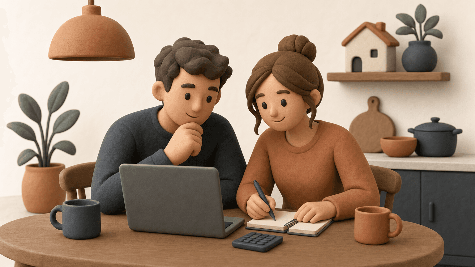 Couple reviewing first-home budget at a kitchen table