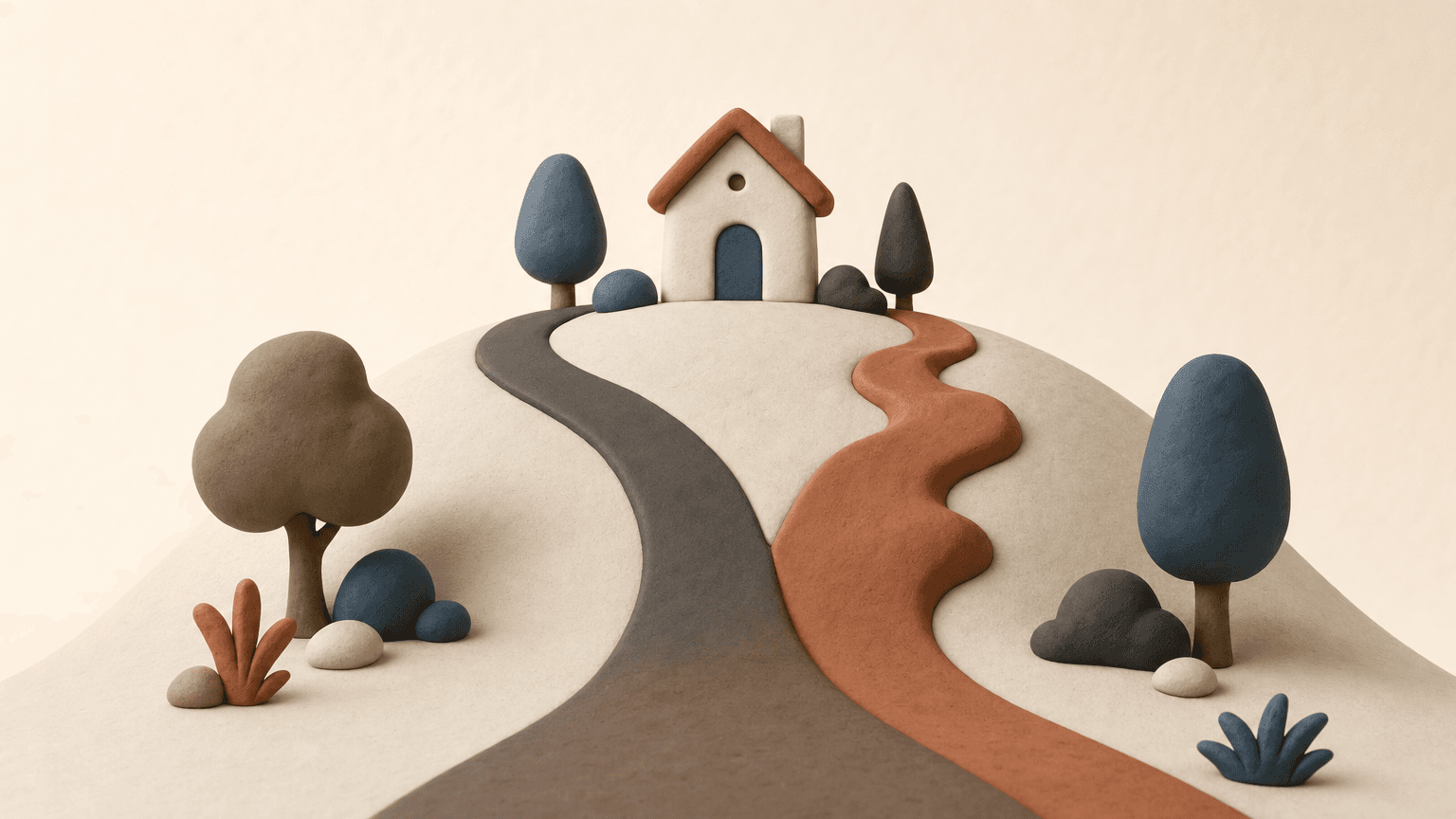 Two paths splitting toward a small house