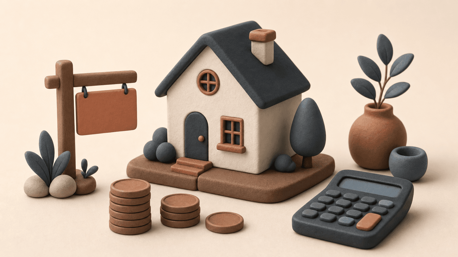 Clay model house beside a for-sale sign and calculator