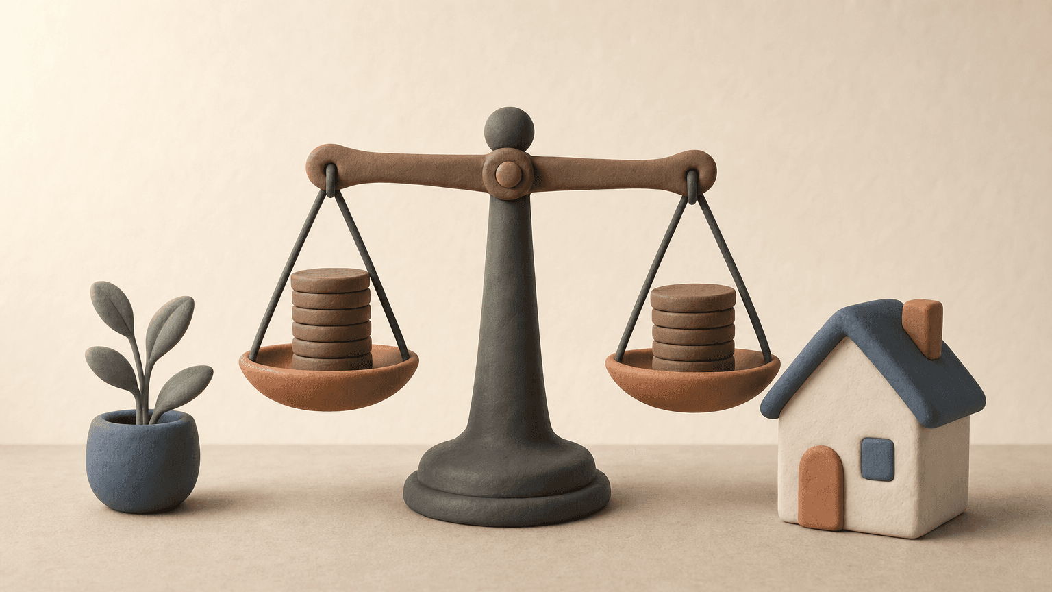 Clay figure weighing two stacks of coins on a balance scale