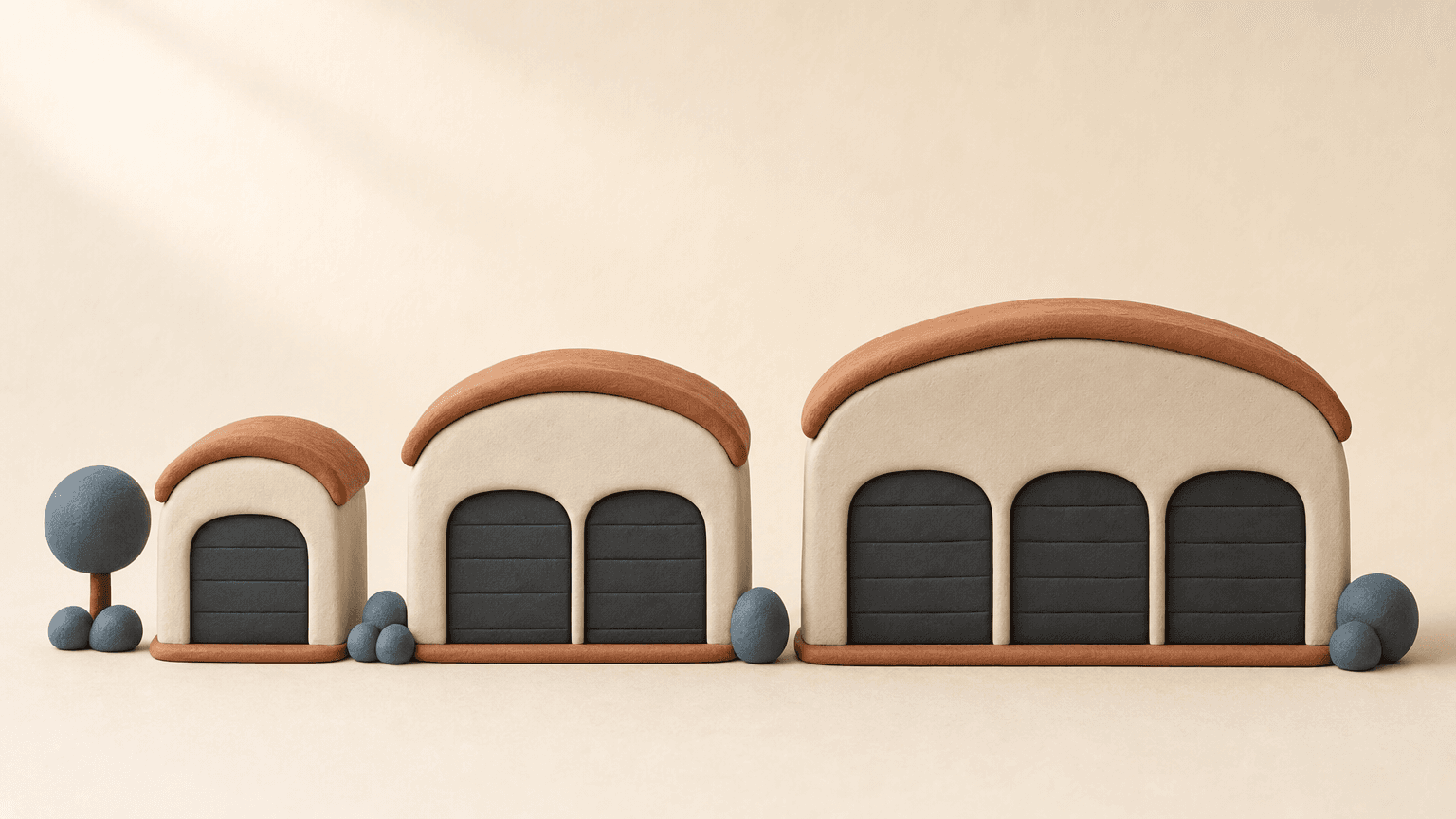 Single, double and triple clay garages in a row
