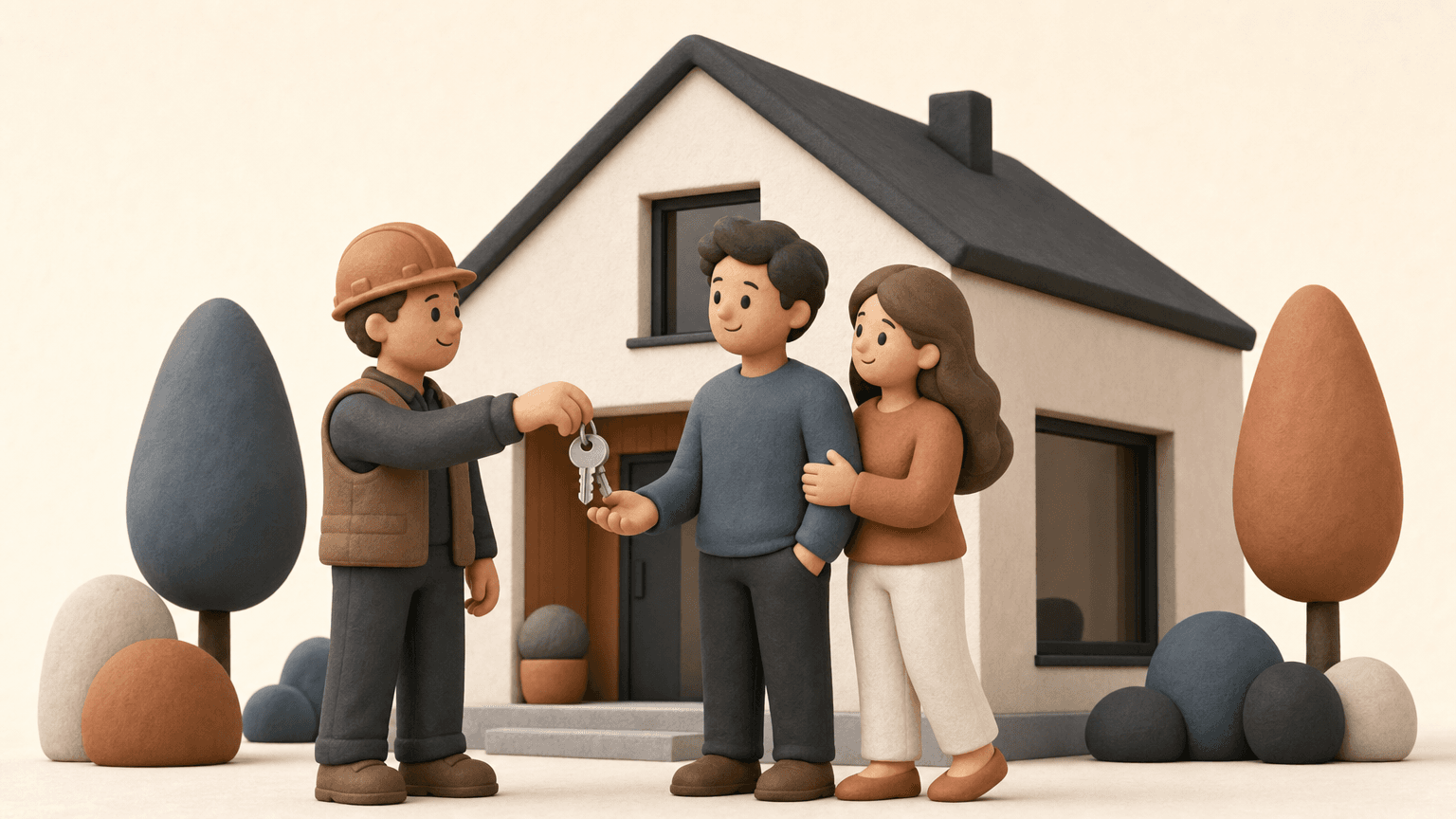 Clay model of a builder handing house keys to a young couple