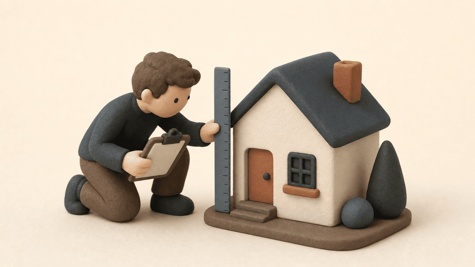 Clay figure measuring a small house with a ruler