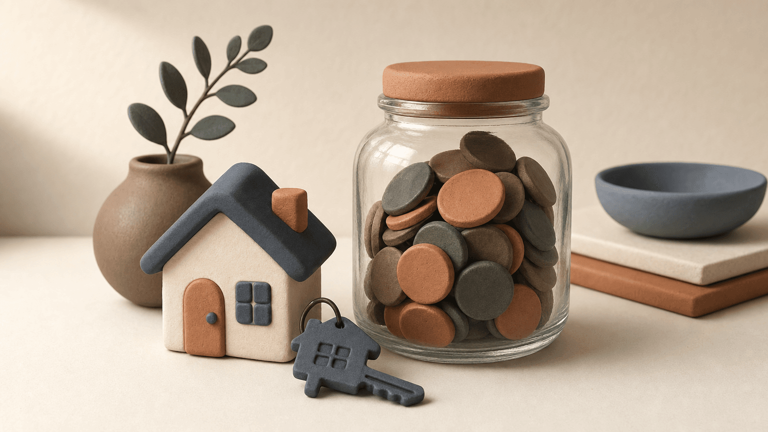 First home keys and savings jar on a table