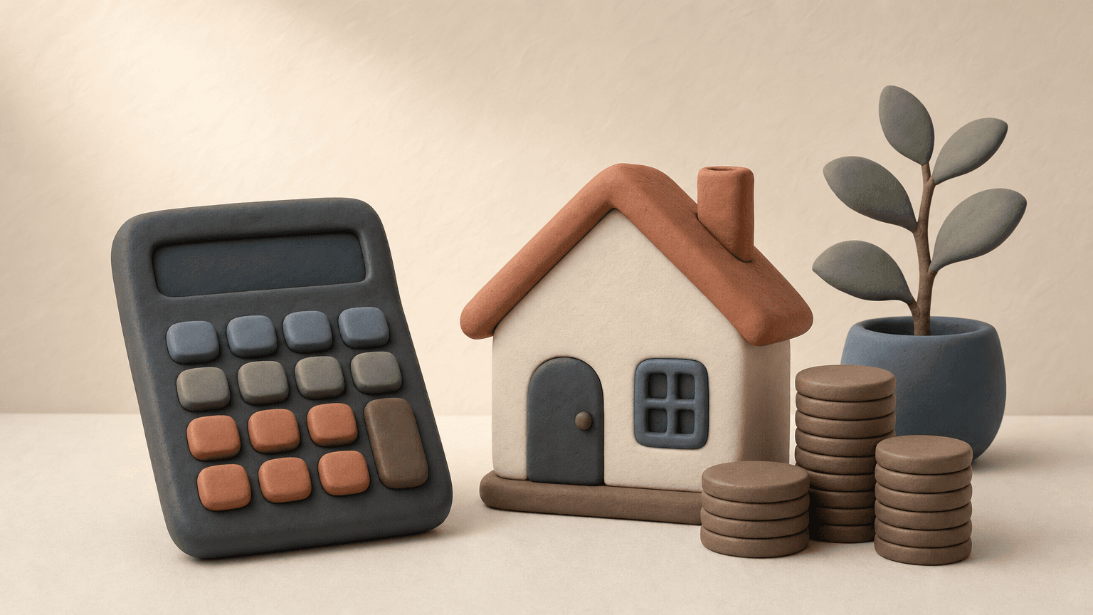 Calculator and Edmonton home model on a desk