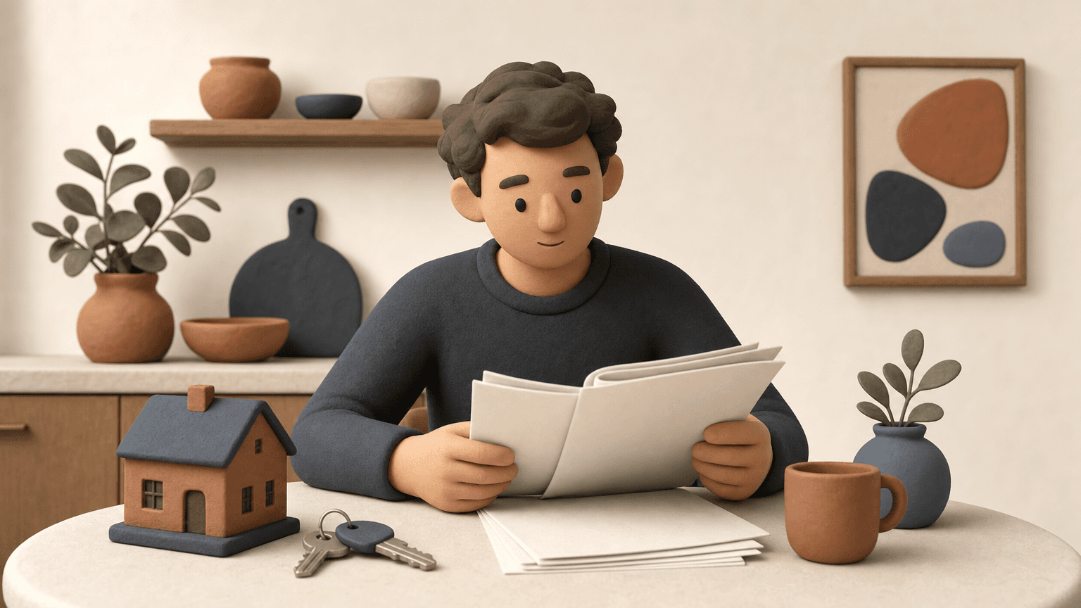 A buyer reviewing an inspection report at a kitchen table