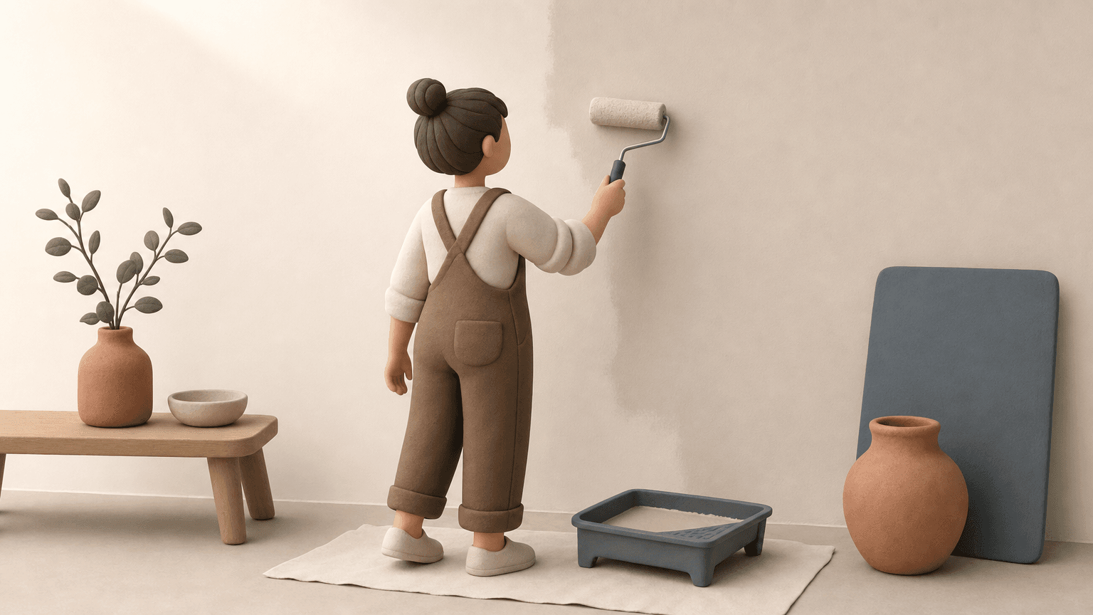 Painter rolling neutral colour onto a wall