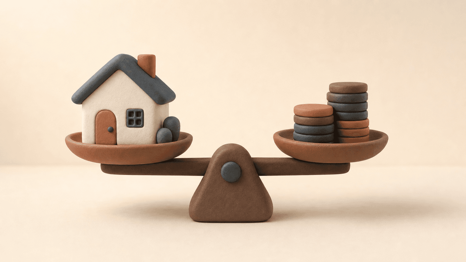 Clay model of a house on a balance scale beside coins